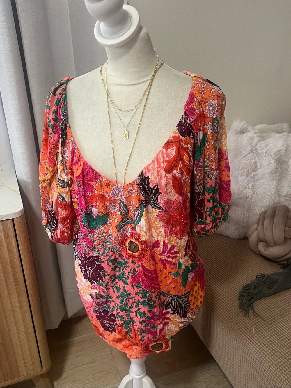LOFT Orange Multi Floral Scoop-Neck Blouse